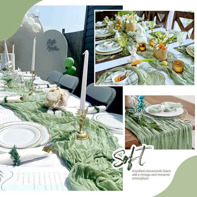 12 Pack Sage Green Cheesecloth Table Runner 17x108 Inch Semi Sheer Boho Gauze - Image 6