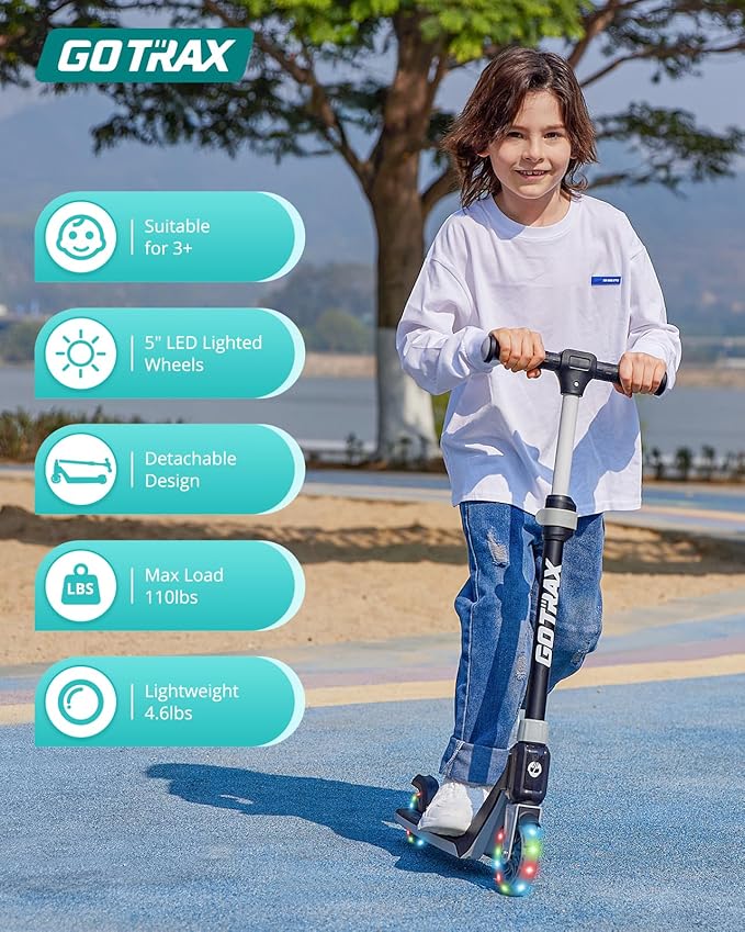 Gotrax K03 Kick Scooter for Kids, 5" LED RGB Lighted Wheels, 4.6 Lbs Lightweight and One-Click Detachable Design, Height Adjustable Handlebars, Anti-Slip Deck and Max Load 110 Lbs for Boy&Girl Age 3+