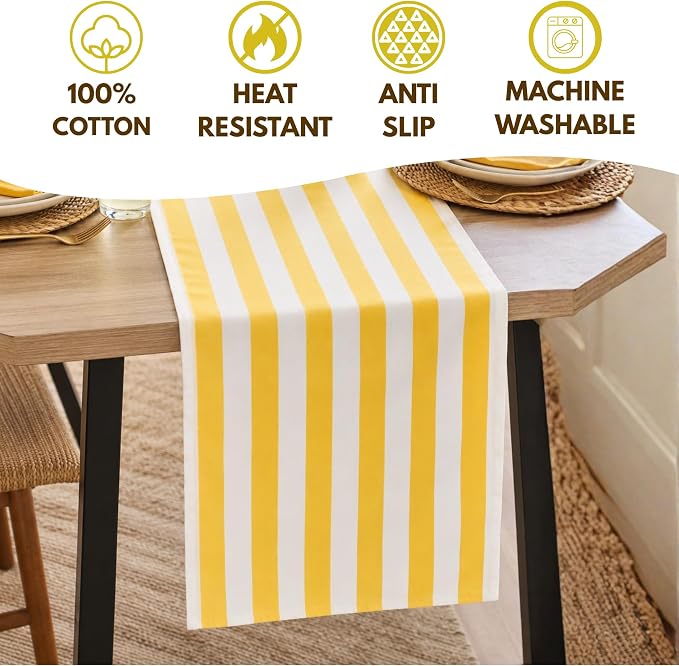 Folkulture Fall Table Runner 108 Inches Long | Yellow & White Striped | Table - Image 4