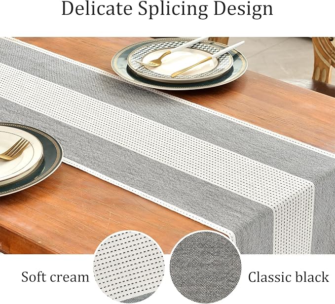Wracra Linen Table Runner, Stripe Table Runners 72 Inches Long Black | Delicate - Image 3