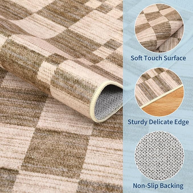 GarveeHome 2.5×8 Kitchen Runner Rug Non Slip Brown Checkered Rug, Washable - Image 5
