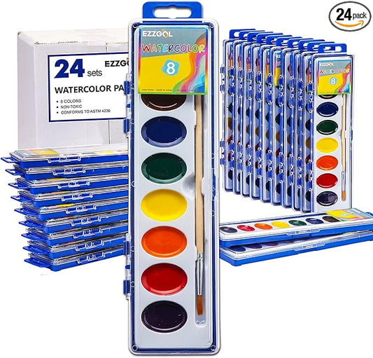 24 Count Watercolor Paints, 8 Colors, Washable, Non-Toxic, Perfect for Kids 3+
