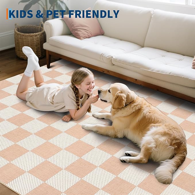 GarveeHome Checkered Blush Beige Neutral Nursery Kids Playroom 4x6 Washable Rug - Image 4