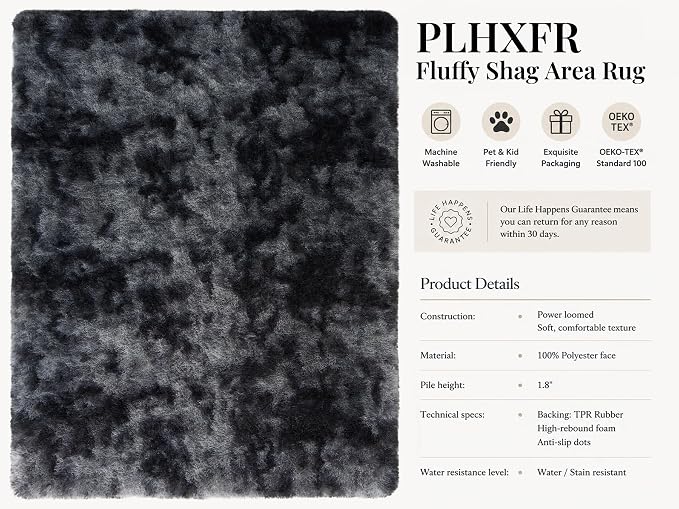 Area Rug for Living Room Bedroom: 9x12 Black Grey Soft Fluffy Shag Upgrade - Image 4