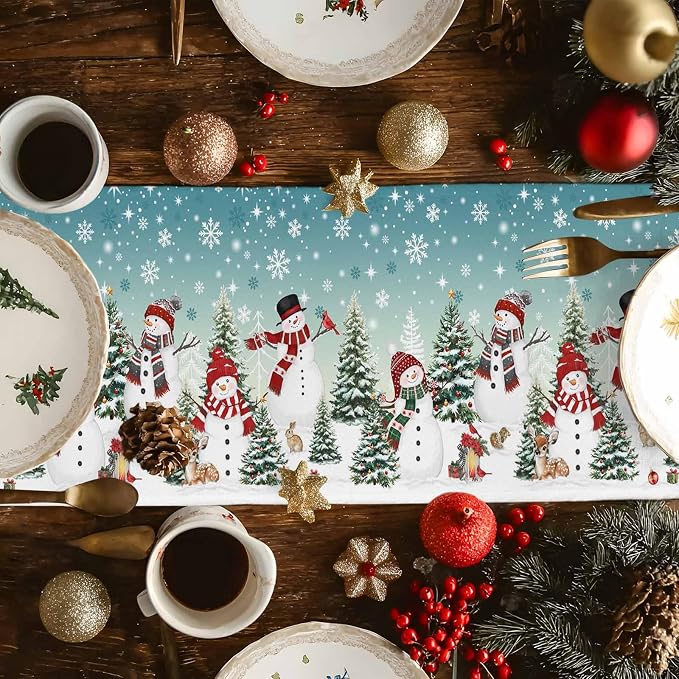 Teal Christmas Snowman Table Runner 120 Inches Long, Xmas Trees Snowflake Table - Image 4