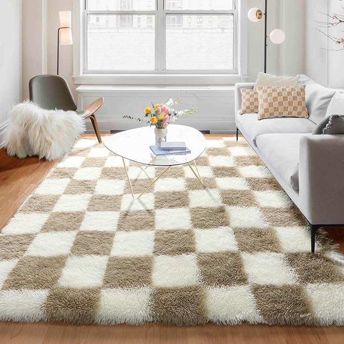KICMOR Rugs for Living Room, 5x8 Fluffy Soft Beige and Cream White Checkered by KICMOR