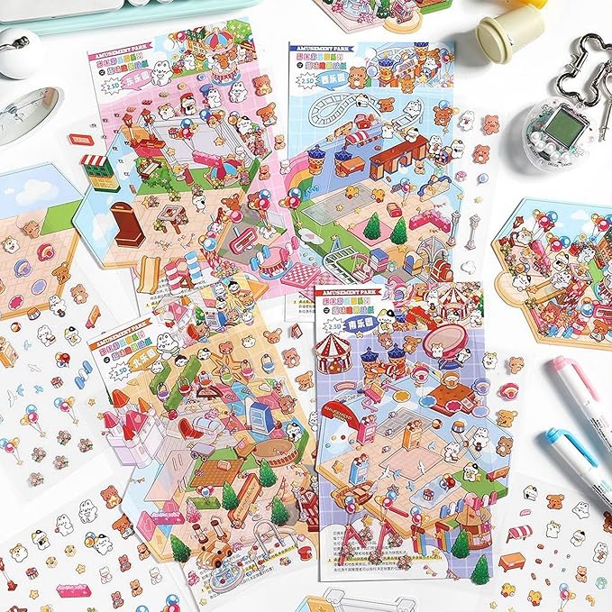 DIY 3D House Stickers, Cute 3D Cartoon Scene for Adult Kids Relief Stress Pass The Time,Cute Make Your Own House Stickers for Gifts Paint by Sticker.(4 Set)