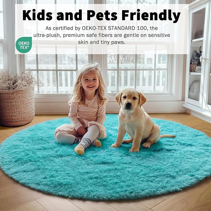 ONASAR Teal Blue Round Area Rug 4ft, Soft Fluffy Bedroom Bedside Floor Circle - Image 5