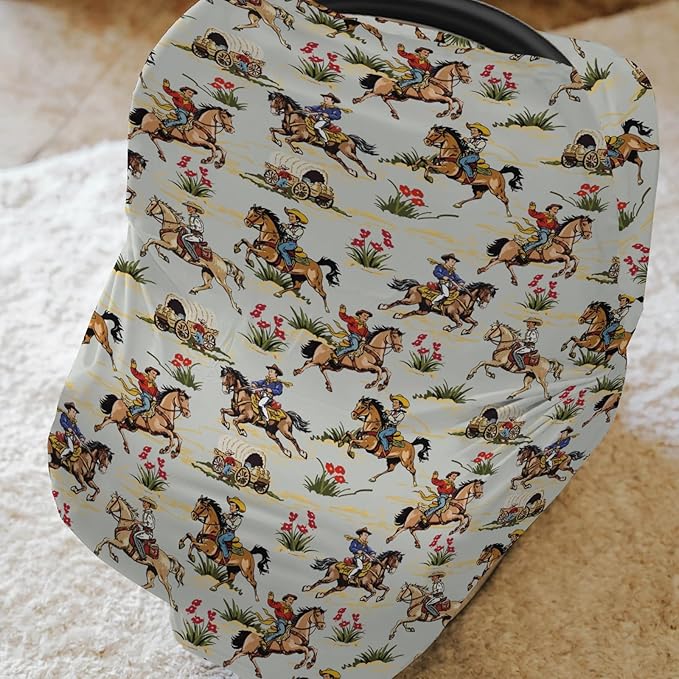Vintage Cowboy Floral Car Seat Cover for Baby Western Cowboy Horse Stretchy 5-in-1 Covers Adjustable Car Canopy Cover Wild West Desert Breathable Nursing Cover-Up