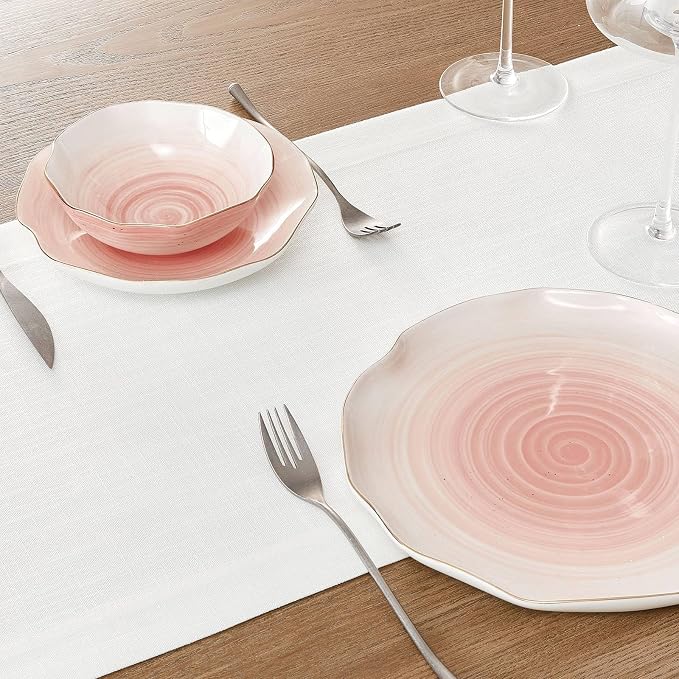 Linen Textured Border Table Runner, 14 x 108 Inch White | Mitered Corner Design - Image 5