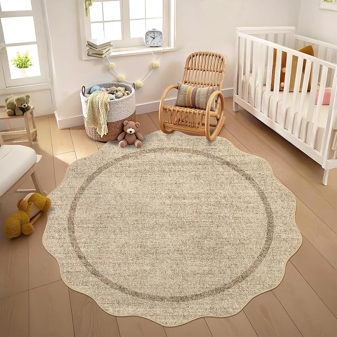 GarveeHome Scalloped Washable Round Rugs, Non-Slip Soft Round Rug 4ft Ultra-Thin by GarveeHome
