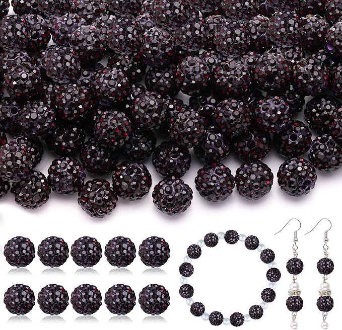 200pcs 10mm Rhinestone Beads for Jewelry Making, Dark Purple Shiny Round Disco Ball Beads Bulk, Sparkle Crystal Clay Christmas for Bracelet Baseball Necklace Earring Crafting and DIY
