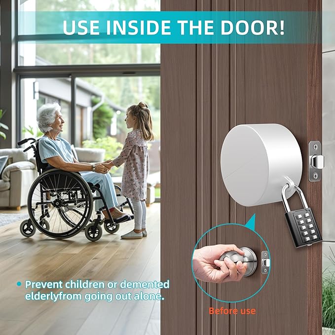 Door Knob Cover Lock with Combination Padlock, Child Proof Door Knob Covers, Door Knob Lockout Device for Dementia Elderly Safety, Renter Friendly Temporary Bedroom Door Lock (White)