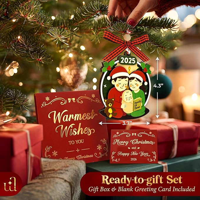 Family of 3 Christmas Ornaments 2025 - Our First Christmas As A Family of Three Ornament 2025, Unique Baby 1st Xmas Ornaments, New Parents Gifts for Mom Dad Xmas Tree Decorations