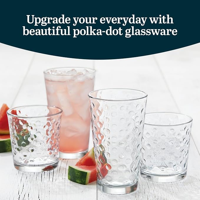 Libbey Awa Polka Dot Tumbler & Rocks Drinking Glasses Set of 16, Glass Cups | - Image 2
