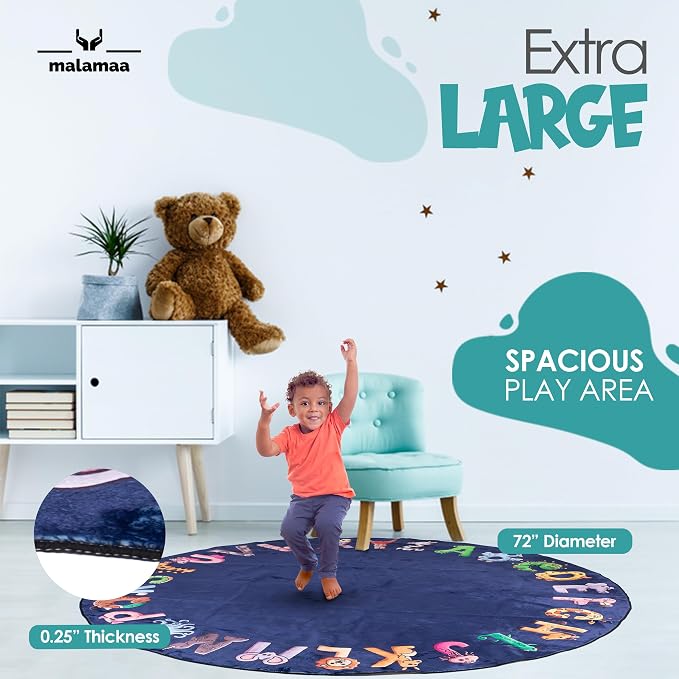 ABC Alphabet Rug for Kids – 6 ft Round Blue Play Mat for Toddlers & Babies - Image 3