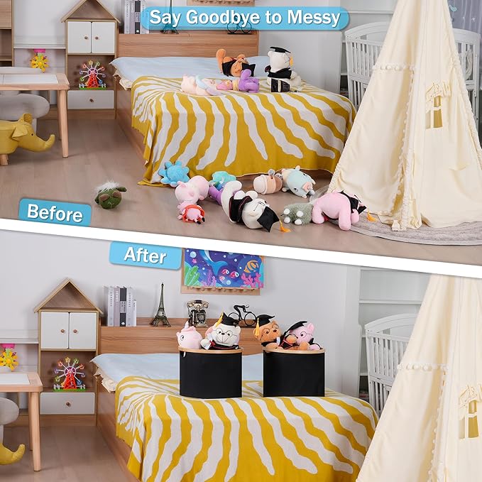 efluky Storage Baskets for Organizing, Fabric Storage Bins with Bamboo Handles, Collapsible Storage Baskets for Shelves and Closet,Medium, Black Set of 2