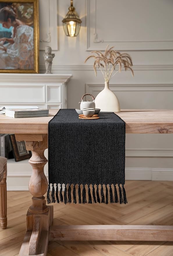 Black Table Runners 48 Inches Long, Burlap Linen Style Rustic Farmhouse Table - Image 2