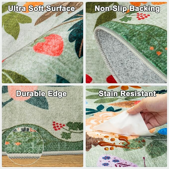 Entryway Rug 2X3 Small Rugs: Floral Washable Door Mat Vintage Soft Low Pile Non-Slip Kitchen Rugs Stain Resistant Indoor Throw Rug for Entrance, Bedroom, Kitchen, Laundry, Bathroom Green