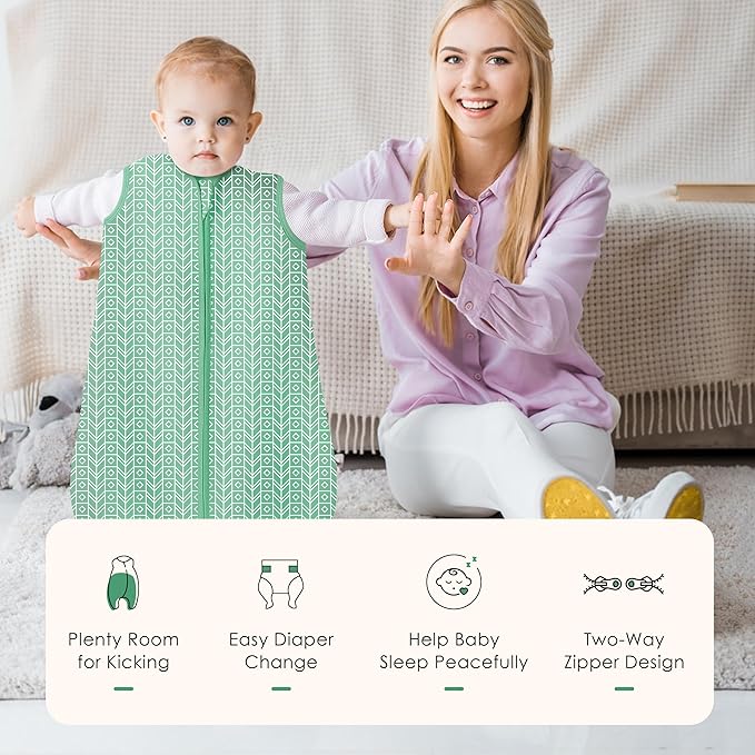 SWEET DOLPHIN Baby Sleep Sack 6-12 Months - 100% Cotton 2-Way Zipper TOG 0.5 Infant Wearable Blanket, Newborn Essentials Toddler 3 Pack Sleeping Sacks - Green