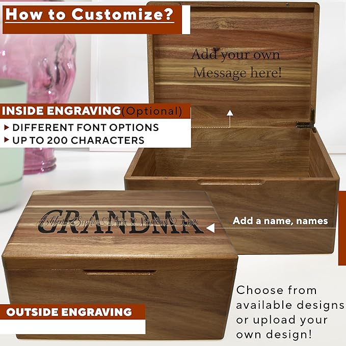 Gifts for Mom Birthday Unique - Wooden Keepsake Box with Names, Personalized Mothers Day Gifts from Son Acacia Wood Storage for Memories, Grandma Keepsake Box, Gift for Mom Bday, 11.5x8.5x5.5 in