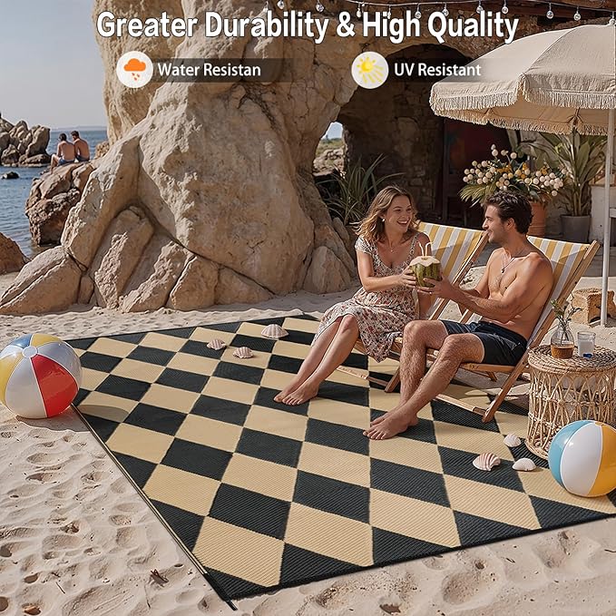 Outdoor Plastic Checkered Rug Waterproof Patio 9x12 Black Brown Diamond - Image 4