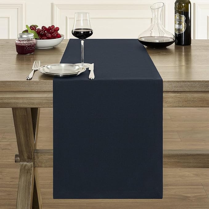 Basic Linen Style Table Runner, 14x36 Inch Dark Navy | Mitered Corner Design - Image 2