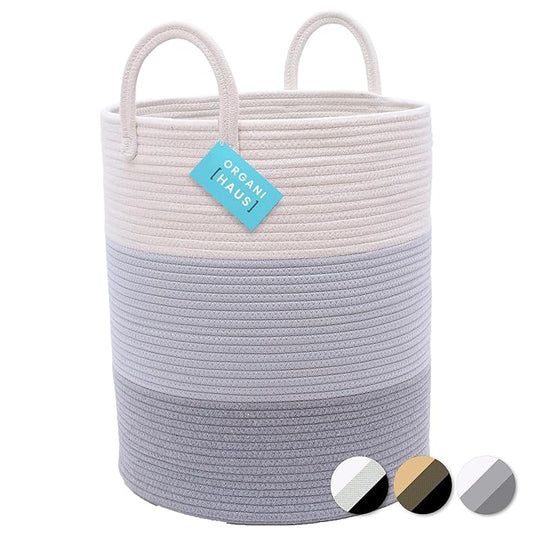 OrganiHaus Gray Nursery Laundry Basket 15x18 | Farmhouse Hamper Basket | Extra Large Storage Basket | Blanket Basket for Living Room | Baby Laundry Hamper | Toy Basket for Kids | Soft Pillow Basket