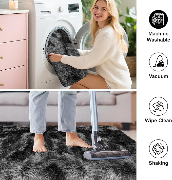 Soft Shaggy Rugs for Bedroom Living Room, 6x9 Tie-Dyed Dark Grey and Black Rug - Image 6