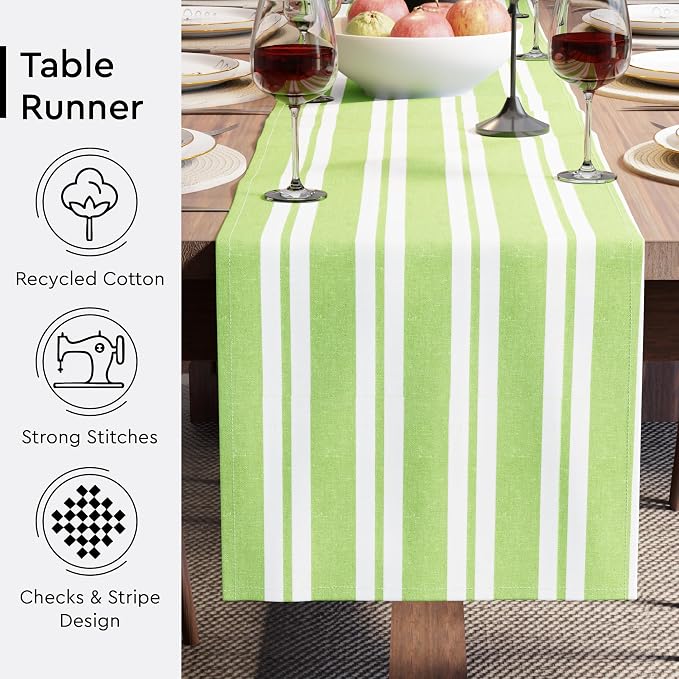Encasa XO Table Runner, Woven Cotton Dining Runner 13"x120" Franca Lime Stripes - Image 3