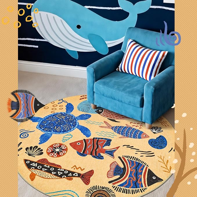 jinchan 4ft Coastal Round Rug Kids Washable Fun Rug Colorful Ocean Fish Small - Image 6