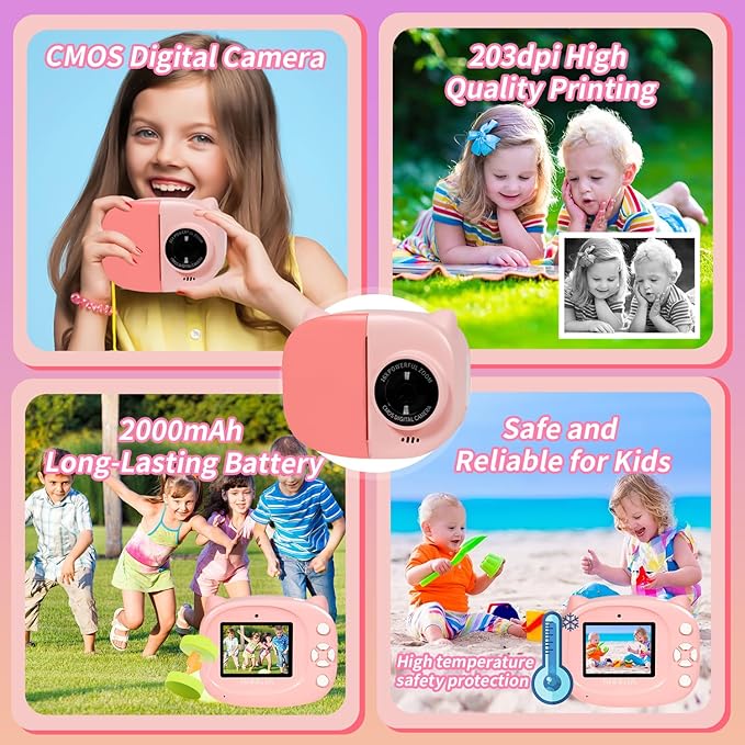 Instant Print Camera Toy for Kids, Girls Birthday Gifts for 3 4 5 6 7 8 Year Old Learning Music Story Player, 1080P HD Dual-Lens Creative Instant Camera (Pink)