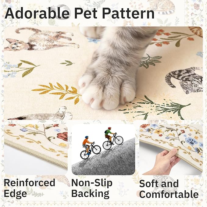 Soalmost Cat 9x12 Area Rugs for Living Room, Machine Washable Animal Floral - Image 6