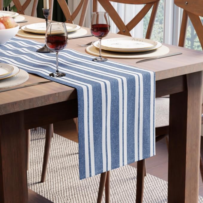Encasa XO Table Runner, Woven Cotton Dining Runner 13"x104" Franca Blue Stripes by EncasaXO