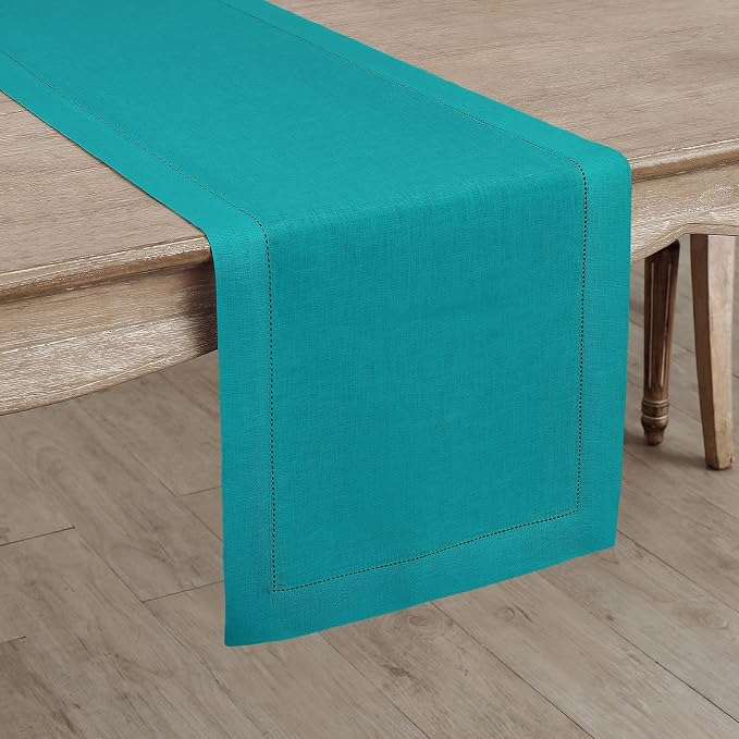Solino Home 100% Pure Linen Dining Table Runner Teal Hemstitch, 14 x 120 in | - Image 2