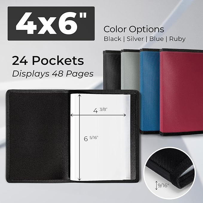 Dunwell 4x6 Photo Album (2-Pack, Black), Mounting Paper, Small 4 x 6 Art Portfolio Presentation Binder, 24 Clear Sleeves Show 48 Pages, Professional Picture Book for Artwork, Postcards