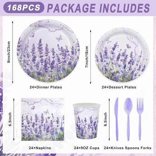168pcs Purple Lavender Floral Paper Plates Napkins Party Supplies Serve 24 | - Image 2