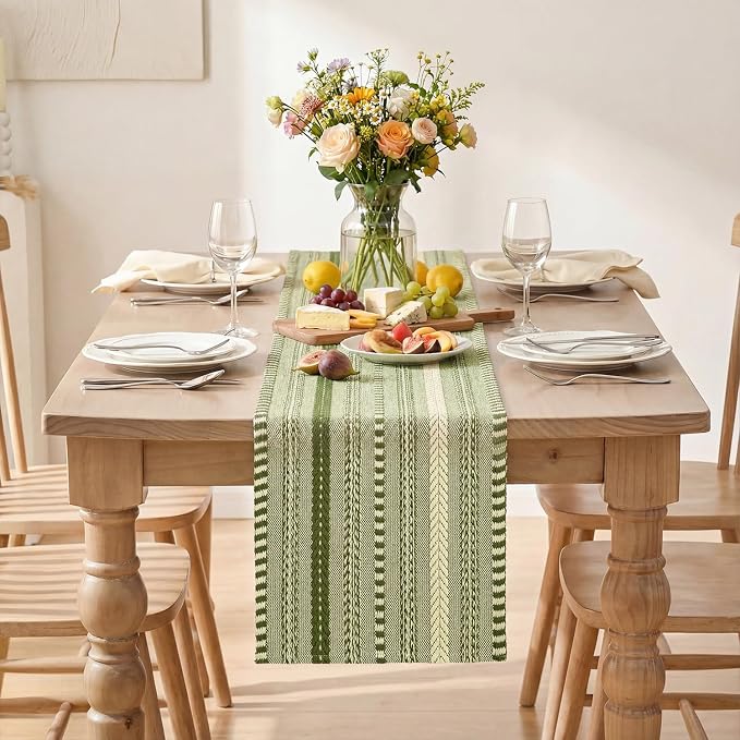 Artoid Mode Army Green Farmhouse Stripe Braided Table Runner 12x36 Inch | - Image 2