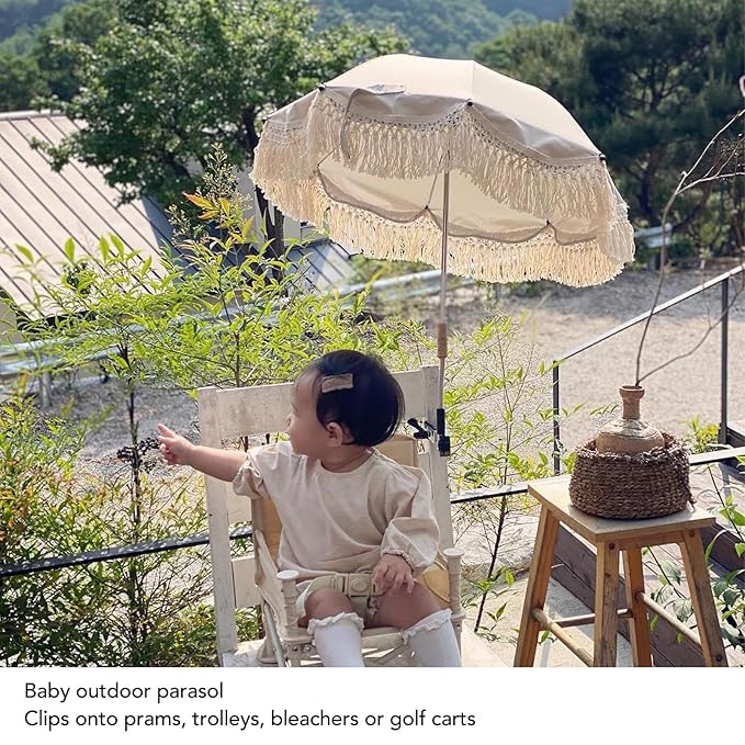 Baby Outdoor Parasols, Baby Stroller Parasol Umbrella with Adjustable Clamp, Toddler Umbrella for Trolley Wheelchair Beach Chair, Outdoor Activities (Beige)