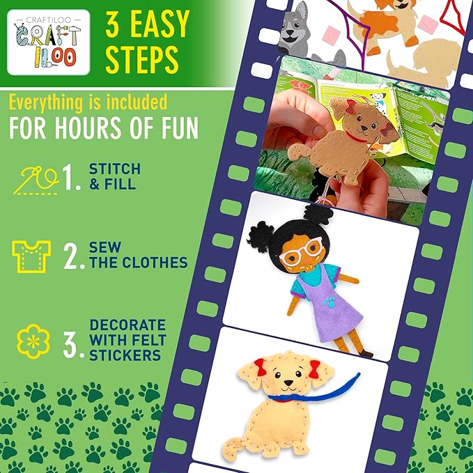 CRAFTILOO 8 Pre-Cut Dogs Stuffed Animal Fun Kids Sewing Kit for Kids Ages 8-12 Children Beginners Sewing kit Kid Puppy Crafts Felt Pillow Plush Craft Kit Girls and Boys