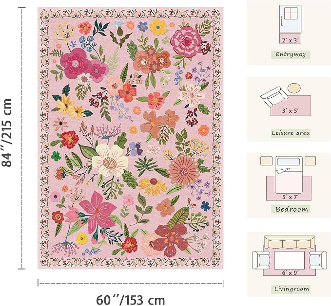 Latte&Fog Floral Area Rugs, Living Room, Cute Nursery Dorm, Non Slip Low Pile - Image 2