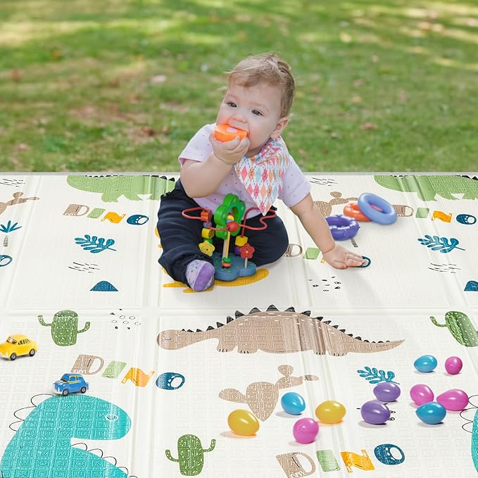 Foldable Baby Play Mat, PIGLOG Waterproof Playmats for Babies and Toddlers Kids, Safe Foam Playmat for Tummy Time, 50x50 Playpen Mat, Reversible Portable Baby Floor Mat for Infant, Toddler, Dinosaur