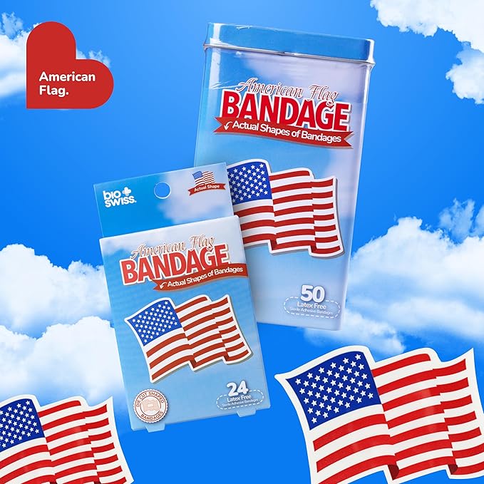 BioSwiss Bandages, American Flag Shaped Self Adhesive Bandage, Latex Free Wound Care, Fun First Aid Kit Supplies for Kids and Adults, 24 Count