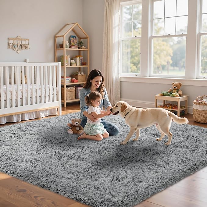 8x10 Area Rug for Living Room:Ultra Soft Fluffy Shag Light Grey Rugs, Large - Image 9