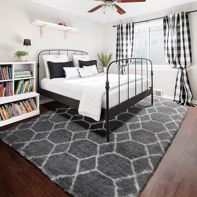 ONASAR 5x7 Area Rugs for Living Room Bedroom, Fluffy Grey and White Faux Fur - Image 7