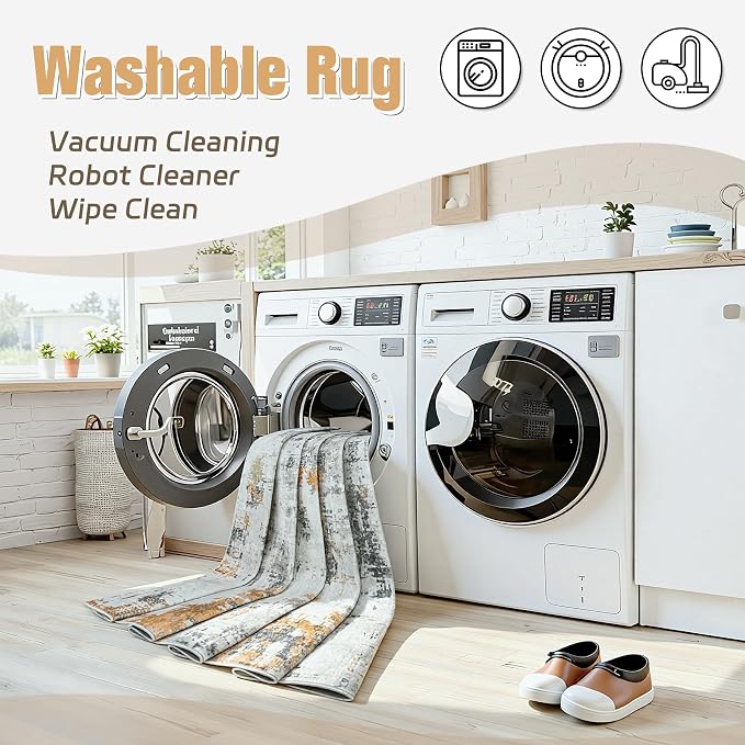 Area Rug 8x10 Living Room Rug Washable: No-Slip Abstract Soft Thin Large Grey - Image 3