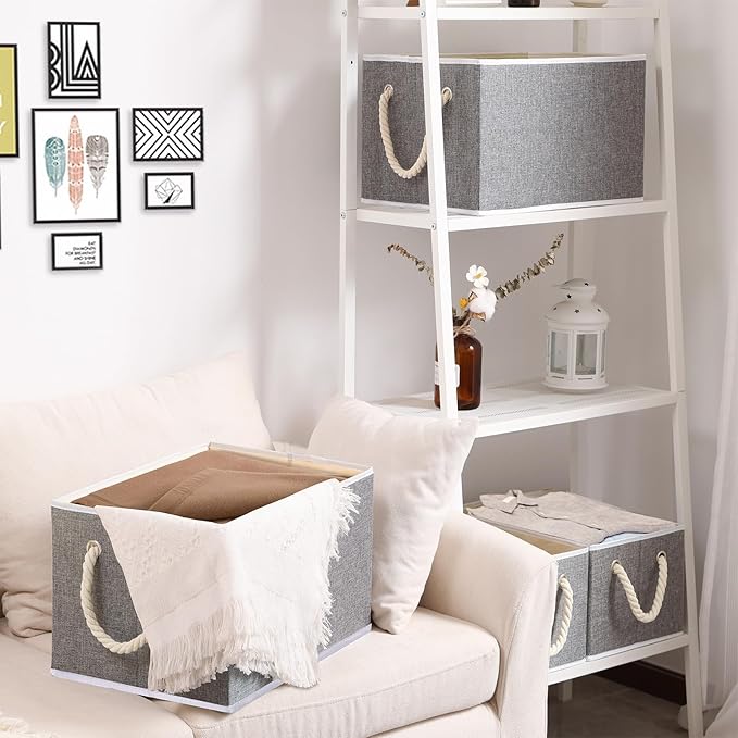 Yawinhe Collapsible Storage Bins 1-Pack, Large Fabric Baskets with Rope Handle, Organizers for Shelves, Closets, Clothes, 16.53''Lx11.81''Wx10.23''H, Grey