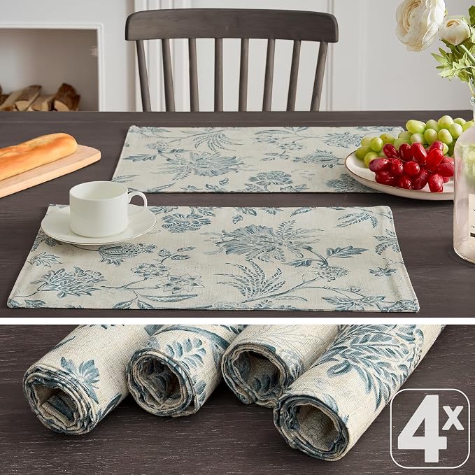 JINCHAN Sliva Linen Floral Placemats Set of 4 Farmhouse 13x19 Inch Blue | - Image 3