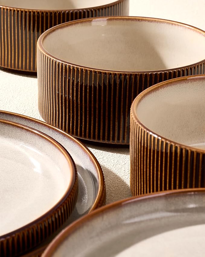 Stoneware Dinnerware Set for 4, Cream Brown Reactive Glaze | 12 pcs Ceramic - Image 4