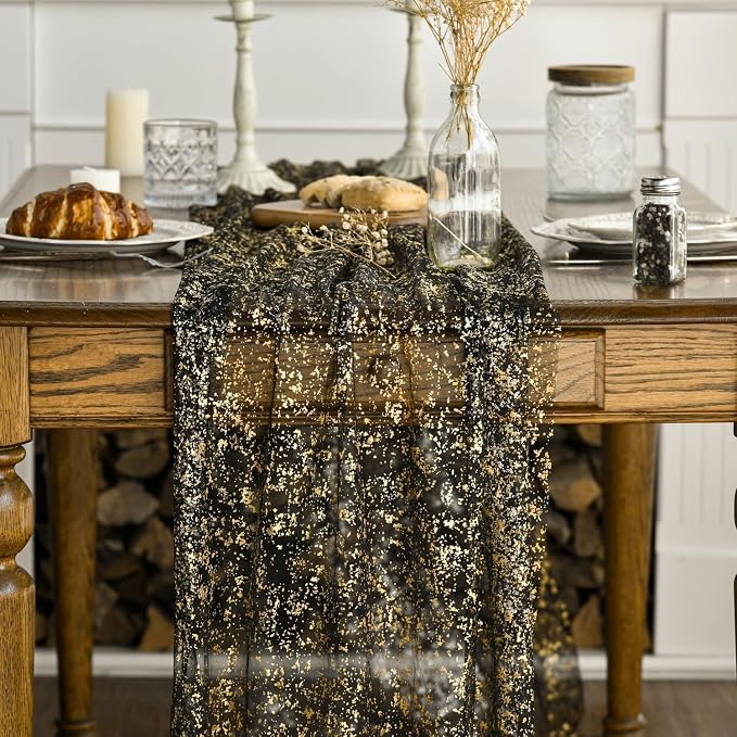 Artoid Mode 3Pcs Black Gold Gauze Table Runner 120 Inch 10FT, Glitter Metallic - Image 2